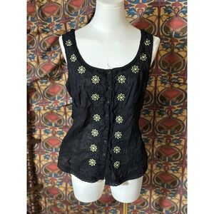 Roper Embroidered Floral Tank Top Black Boho Western Sleeveless Blouse‎ Medium